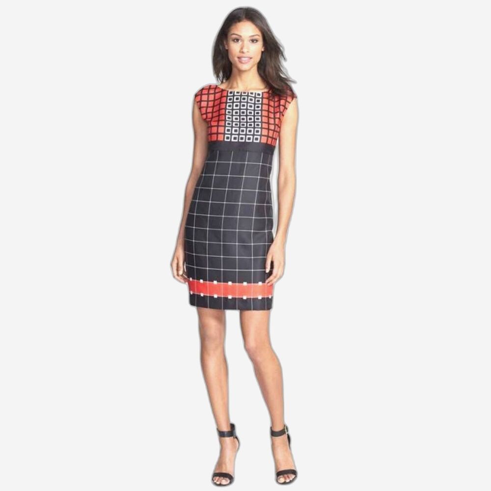 Anne Klein NWT Geometric Grid Sheath Dress Black Red White Size 14